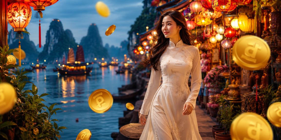 Người phụ nữ mặc áo dài truyền thống trải nghiệm ứng dụng casino bên vịnh Hạ Long hùng vĩ