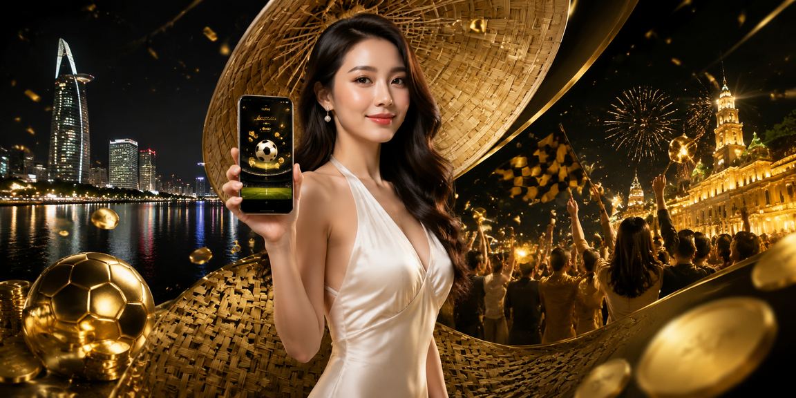 Người dùng tại TP Hồ Chí Minh xem kết quả cá cược bóng đá trên điện thoại bên cạnh nón lá truyền thống