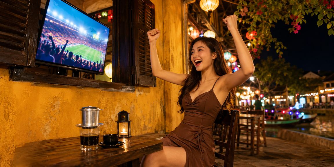 Người dùng Việt Nam xem tỷ lệ cược buổi sáng bên cạnh tách cà phê tại Hội An