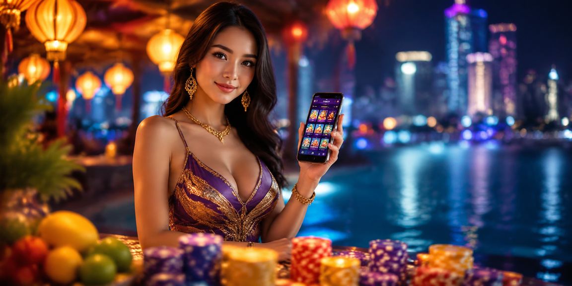 Người dùng trải nghiệm ứng dụng casino tại Hội An dưới ánh đèn lồng lung linh về đêm
